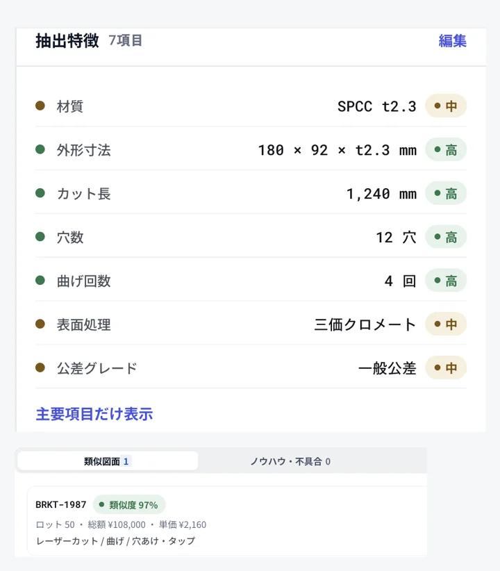 図面詳細の画面。読み取った特徴の一覧と、類似図面の候補が表示されている